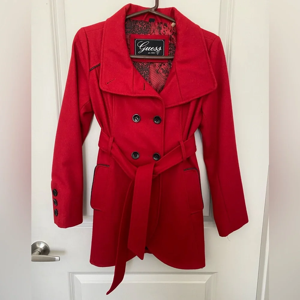 Guess Women's Red Classic Wool Blend Pea Coat Size Small Petite - Picture 1 of 9